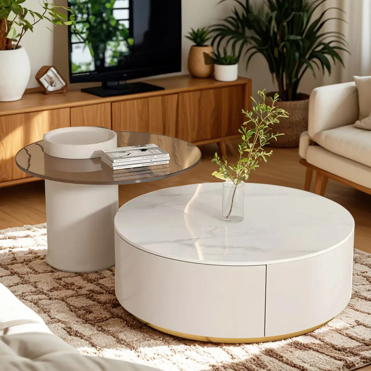 Mesa de centro redonda moderna blanca de madera con cajones tipo tambor