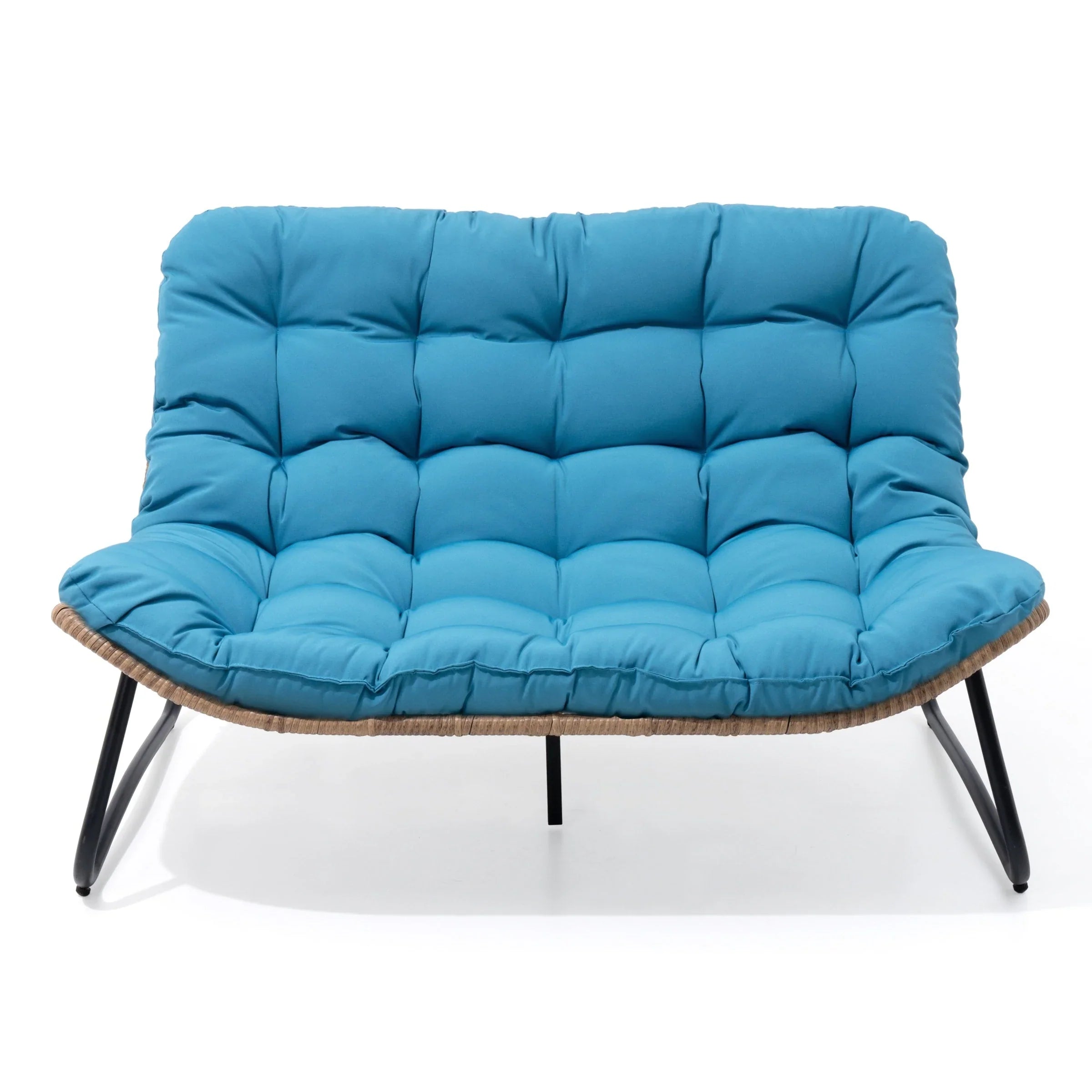 Sofá biplaza doble Papasan con cojín, ratán PE para todo tipo de clima y estructura metálica para interior/exterior