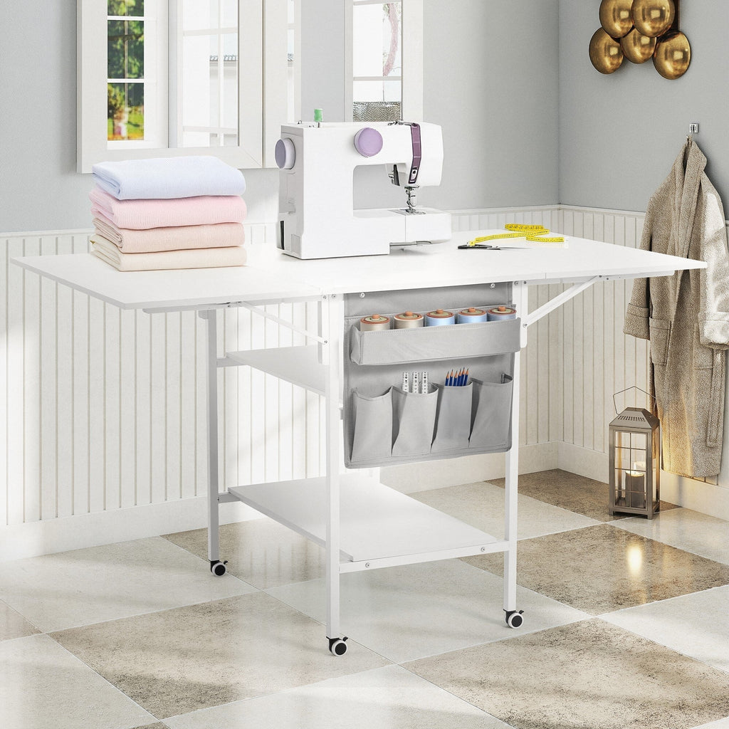 Mesa de manualidades ajustable en altura con estantes de almacenamiento, mesa de corte plegable móvil para oficina en casa, sala de costura, sala de manualidades