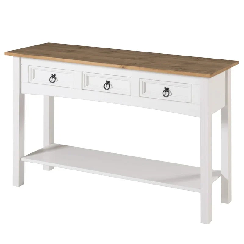 Mesa Consola de Pasillo Rústica de Pino Macizo, Blanqueado / Marrón Antiguo / Lavado Gris / Sin Pintar, 3 Cajones