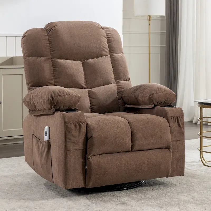 Reclinable extragrande gris con calor y masaje, reclinación de 150°, balanceo de 30°, carga USB y 2 portavasos