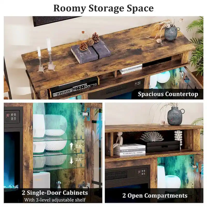 Mueble para TV con chimenea eléctrica, luces LED y mandos a distancia