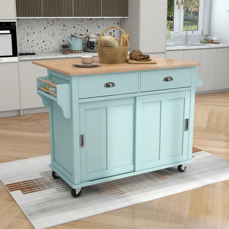 Carro de cocina con encimera de madera de caucho abatible, puerta corredera oculta de granero de altura ajustable, isla de cocina con 4 ruedas