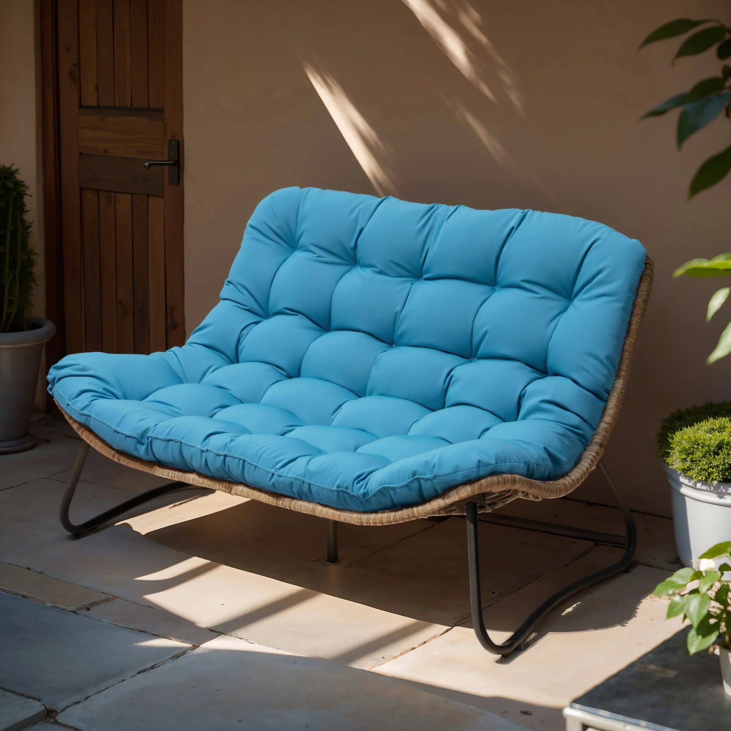 Sofá biplaza doble Papasan con cojín, ratán PE para todo tipo de clima y estructura metálica para interior/exterior