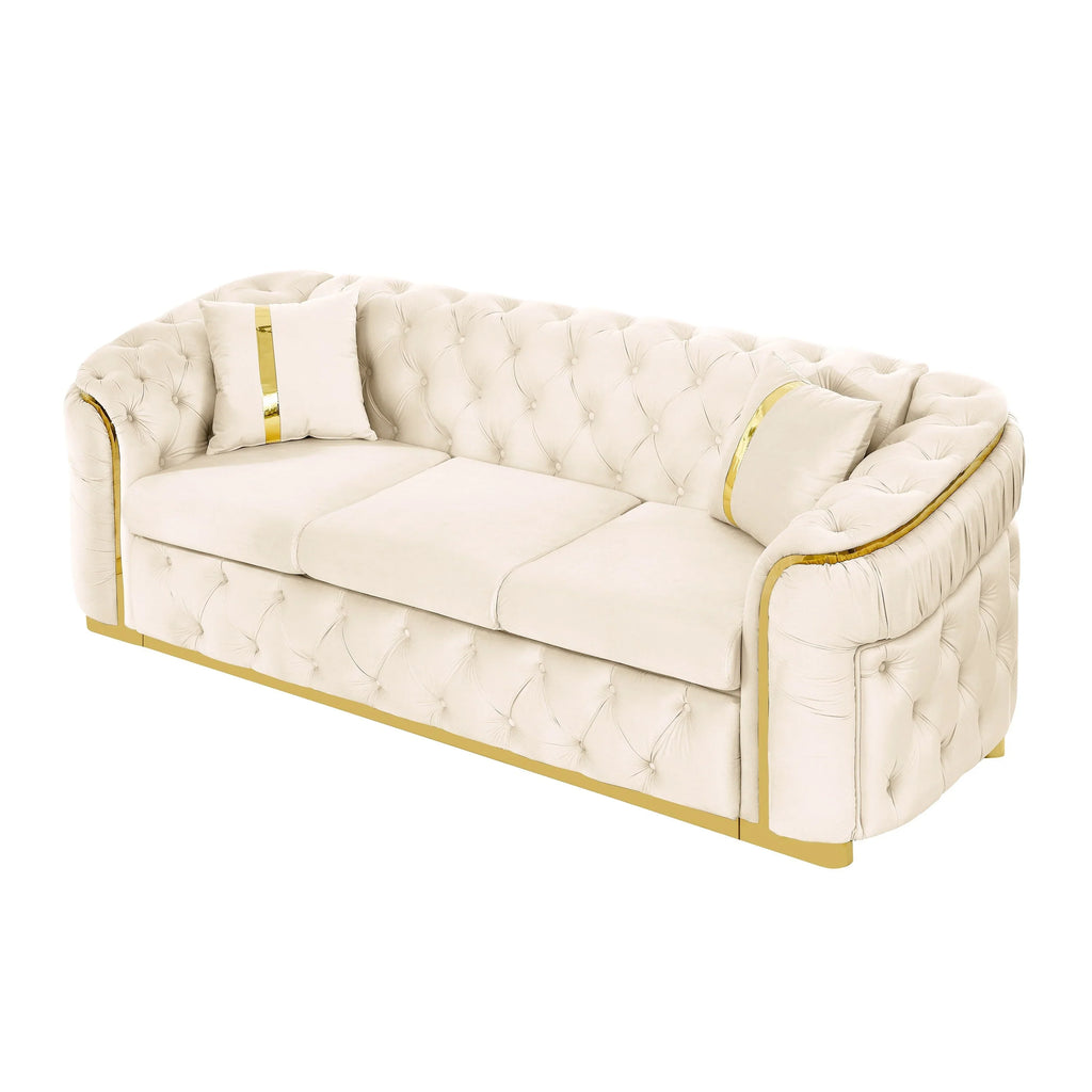 Sofá de 3 plazas Velvet de 90.6 con 2 cojines, cojines de alta densidad, detalles dorados y almohadas