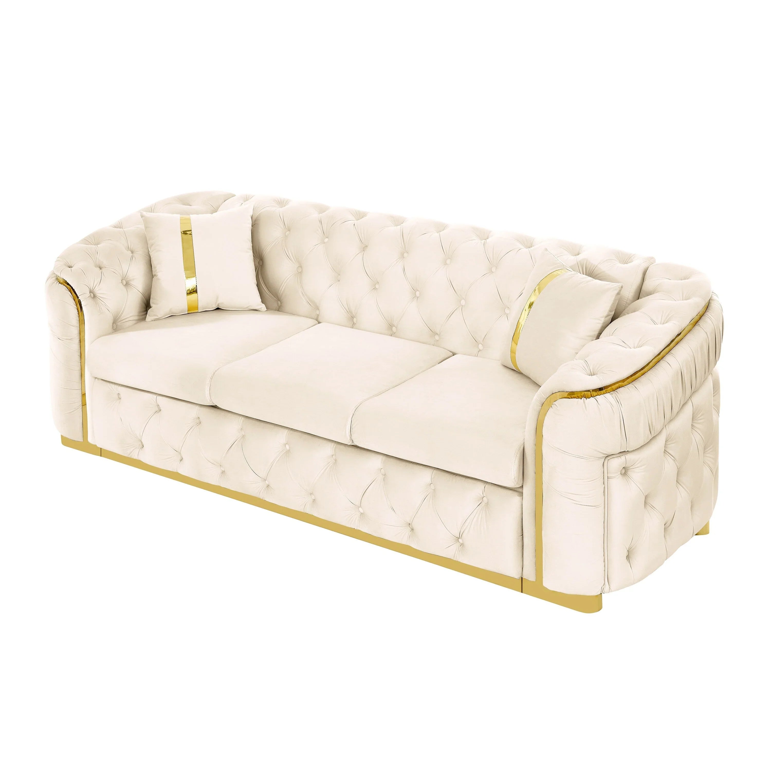 Sofá de 3 plazas Velvet de 90.6 con 2 cojines, cojines de alta densidad, detalles dorados y almohadas