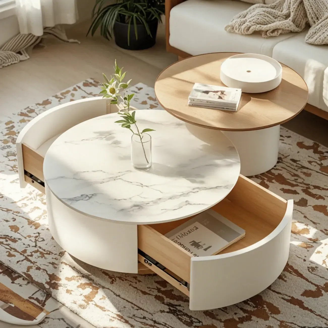 Mesa de centro redonda moderna blanca de madera con cajones tipo tambor
