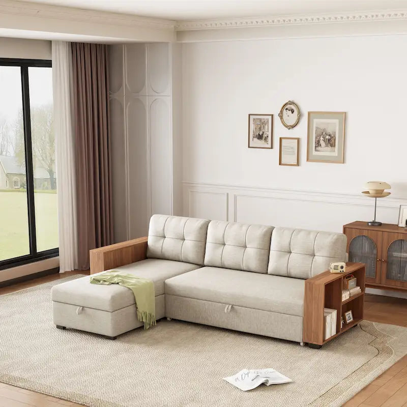 Sofá seccional convertible con cama extraíble y chaise longue con almacenaje oculto