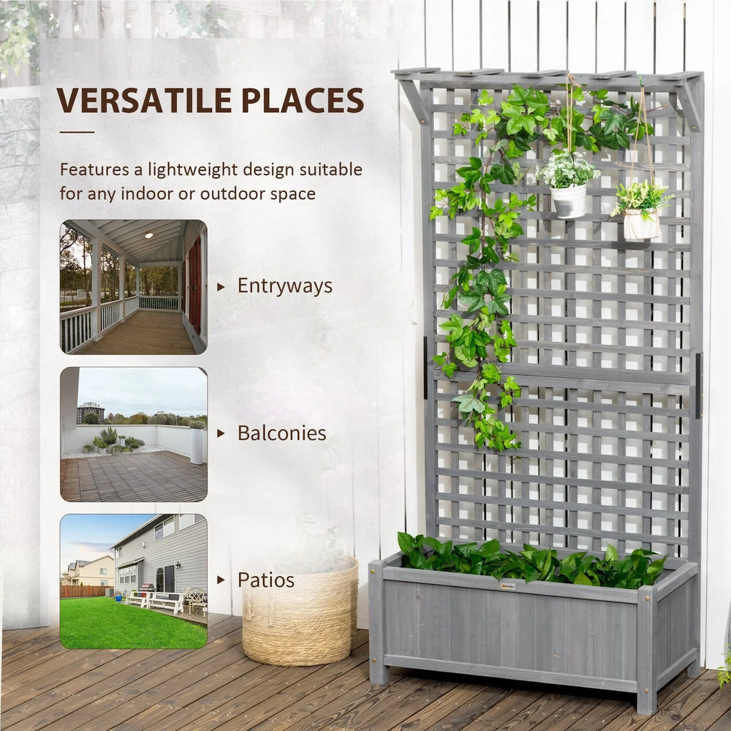Macetero de madera con celosía, cama de jardín elevada para plantas trepadoras con orificios de drenaje y techo