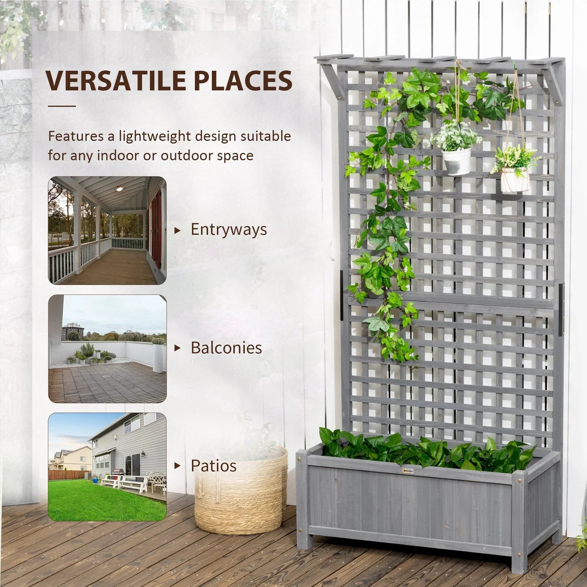 Macetero de madera con celosía, cama de jardín elevada para plantas trepadoras con orificios de drenaje y techo