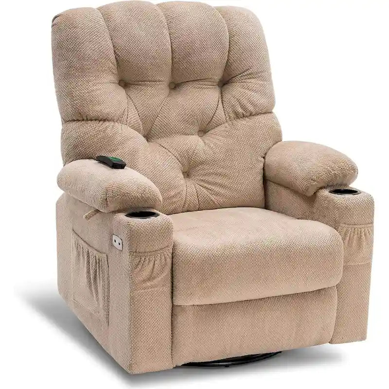 Sillón reclinable giratorio eléctrico con planeador, portavasos y puertos USB, tela, asiento individual