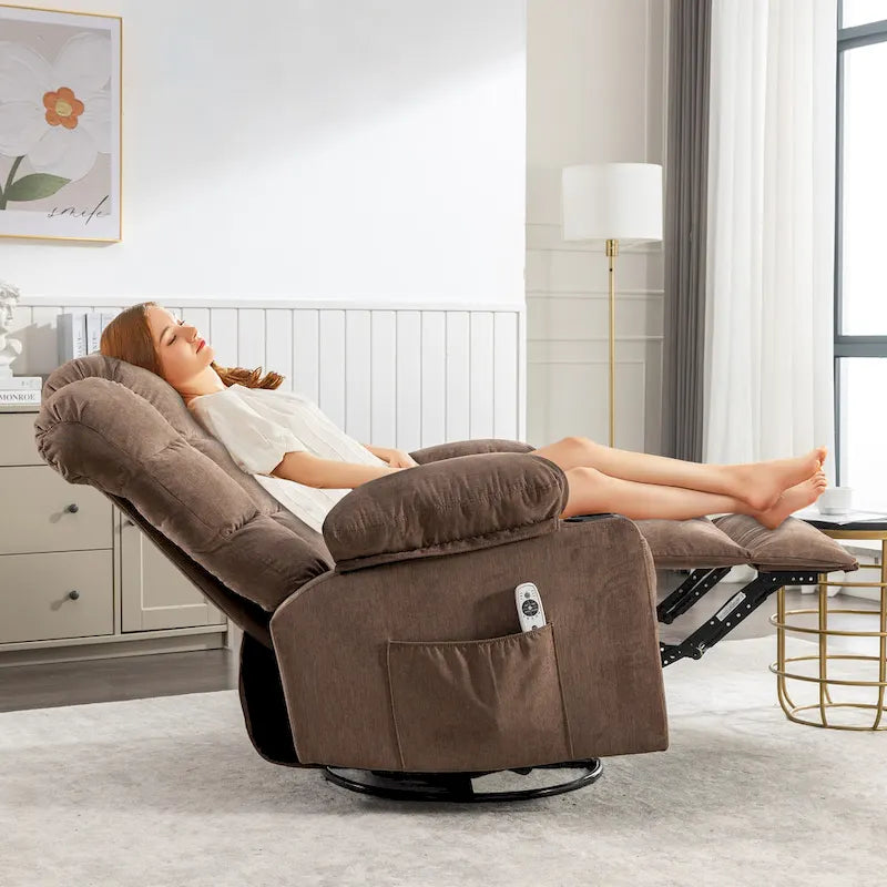 Reclinable extragrande gris con calor y masaje, reclinación de 150°, balanceo de 30°, carga USB y 2 portavasos