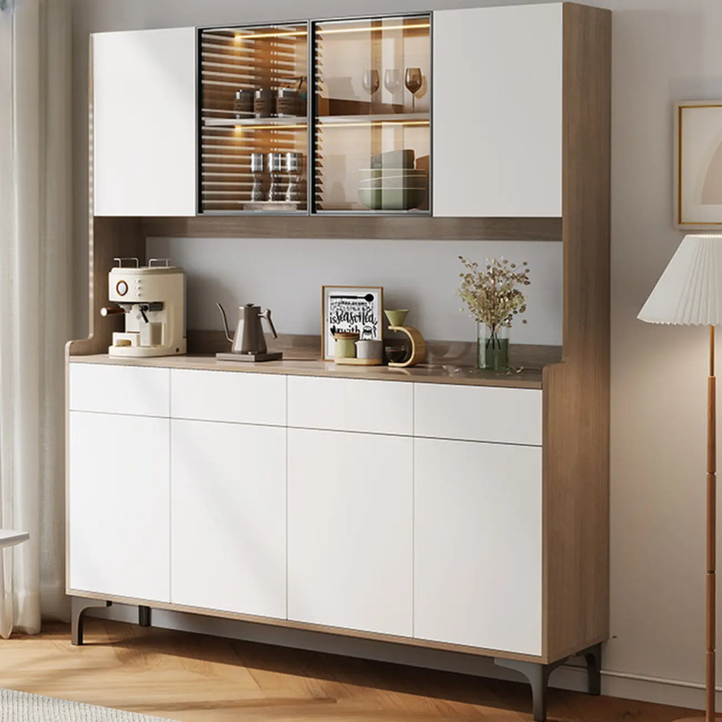 Aparador grande de madera con puertas de cristal y vitrina superior