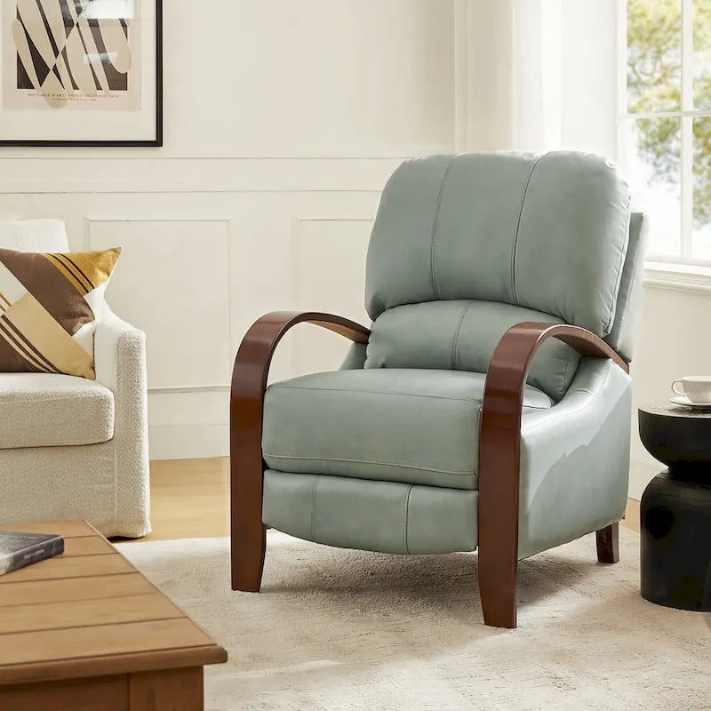 Sofá reclinable manual Alex Mid-century Modern Cigar de cuero genuino con brazos curvos de madera