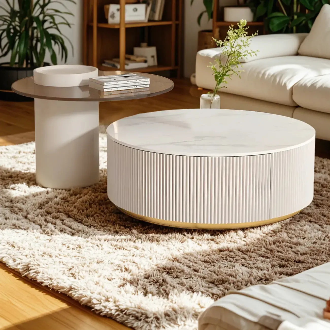 Mesa de centro redonda moderna blanca de madera con cajones tipo tambor
