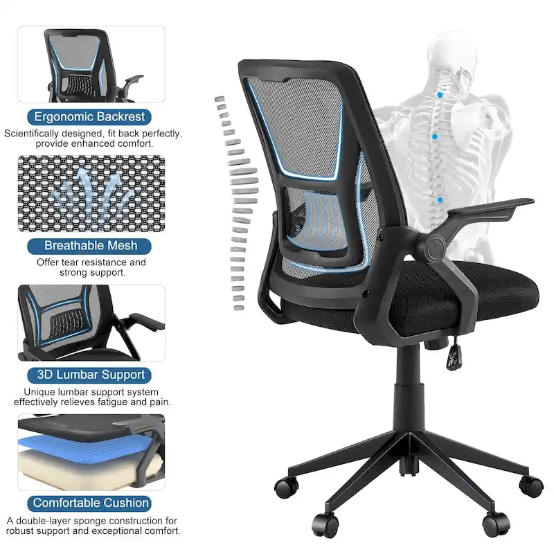 Silla de oficina Javlergo con respaldo medio giratorio y soporte lumbar, silla ergonómica de malla para ordenador con reposabrazos
