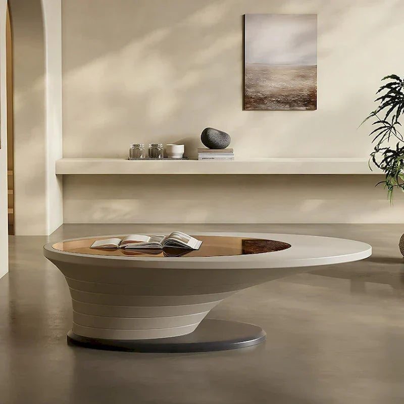 Mesa de centro ovalada moderna minimalista de lujo ligero con tablero de cristal y base gris 51 pulg. - L 51.18' An 25.59' Al 14.37'