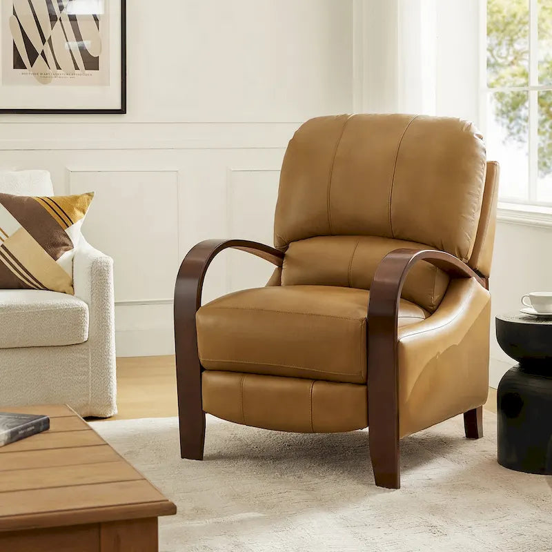 Sofá reclinable manual Alex Mid-century Modern Cigar de cuero genuino con brazos curvos de madera