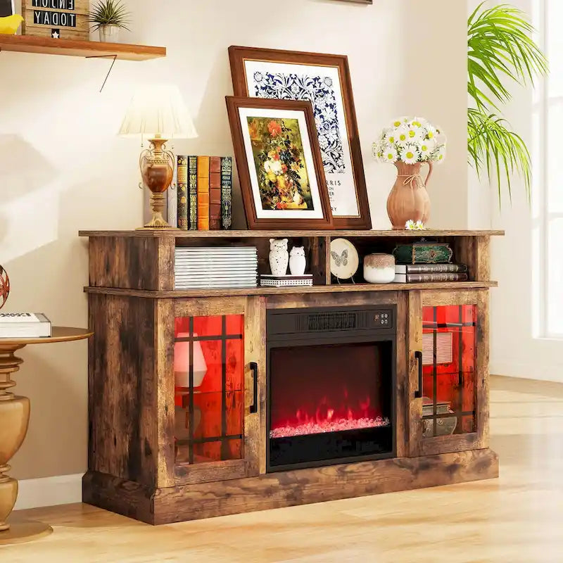 Mueble para TV con chimenea eléctrica, luces LED y mandos a distancia