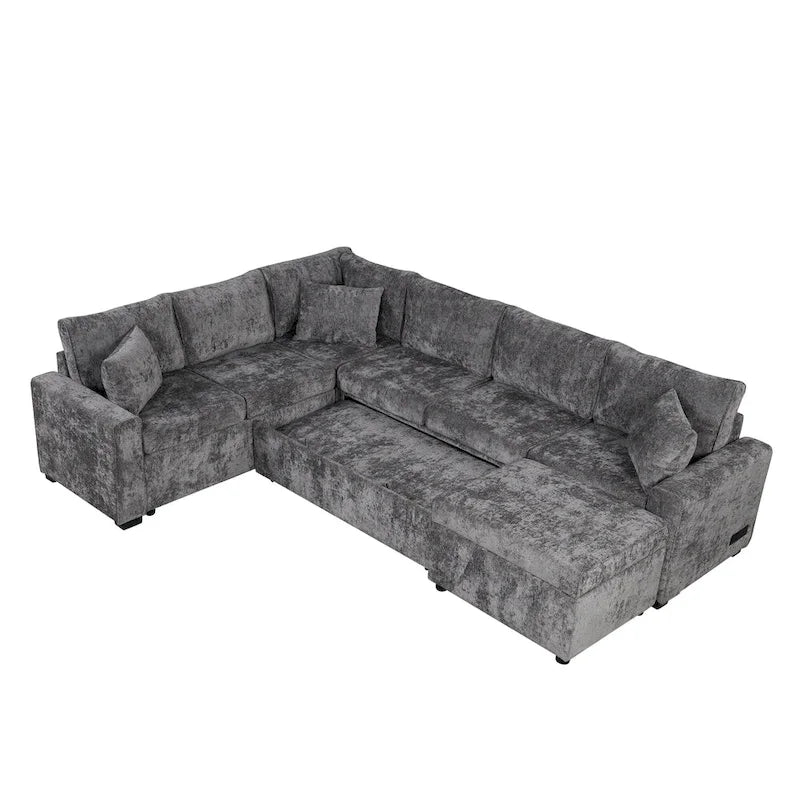 Sofá seccional de chenilla con sofá cama extraíble, sofá cama en forma de L con otomana de almacenamiento, 3 almohadas y dispositivos de carga