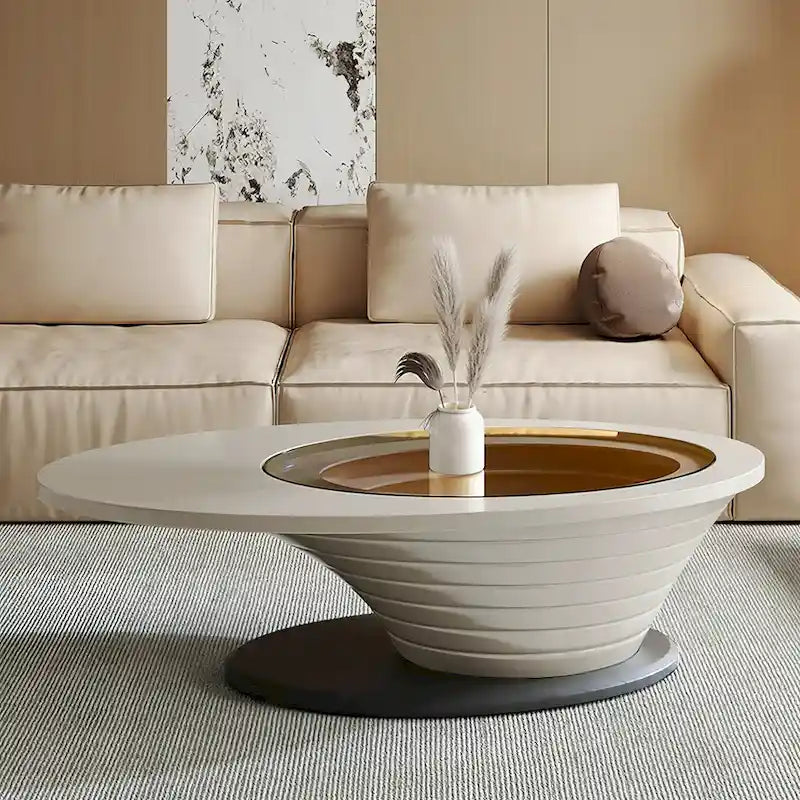 Mesa de centro ovalada moderna minimalista de lujo ligero con tablero de cristal y base gris 51 pulg. - L 51.18' An 25.59' Al 14.37'