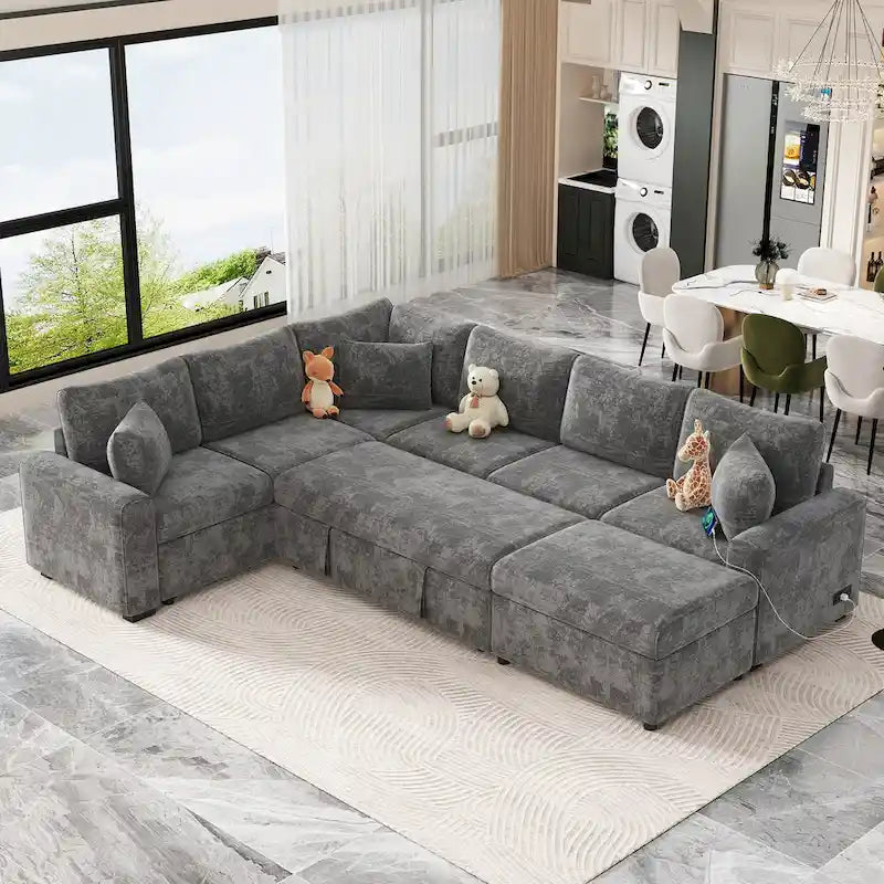 Sofá seccional de chenilla con sofá cama extraíble, sofá cama en forma de L con otomana de almacenamiento, 3 almohadas y dispositivos de carga