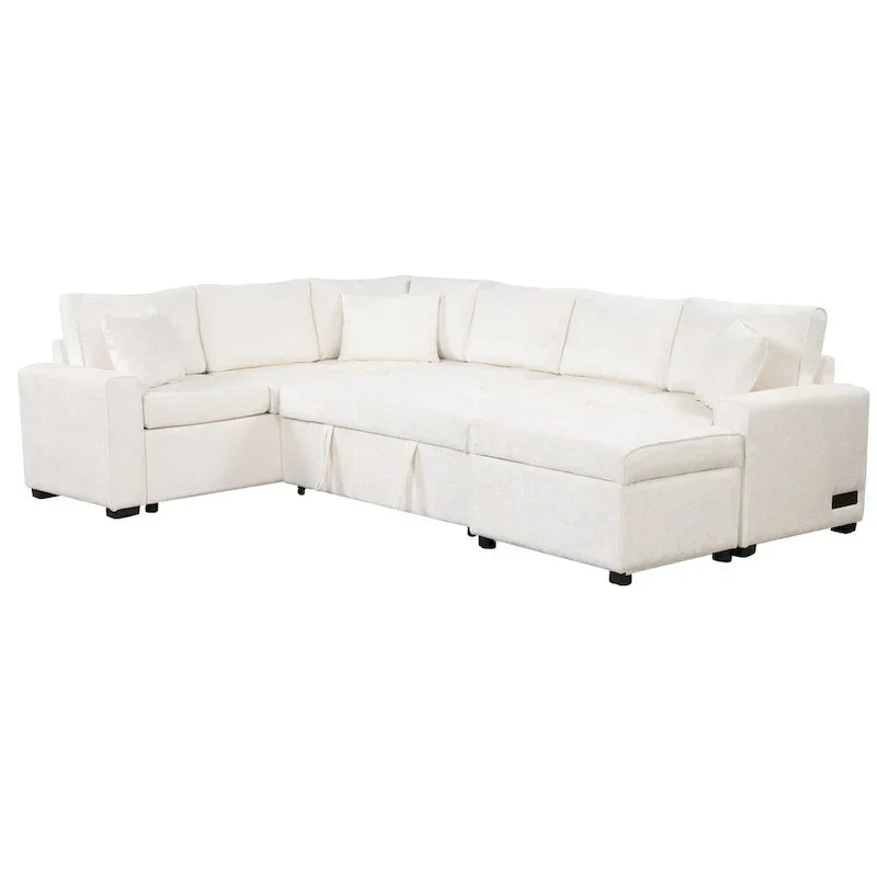Sofá seccional de chenilla con sofá cama extraíble, sofá cama en forma de L con otomana de almacenamiento, 3 almohadas y dispositivos de carga
