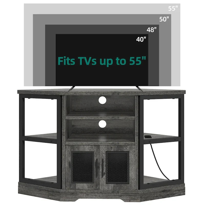 Mueble esquinero para TV estilo rústico, centro de entretenimiento y consola multimedia para televisores de hasta 55 pulgadas con toma de corriente