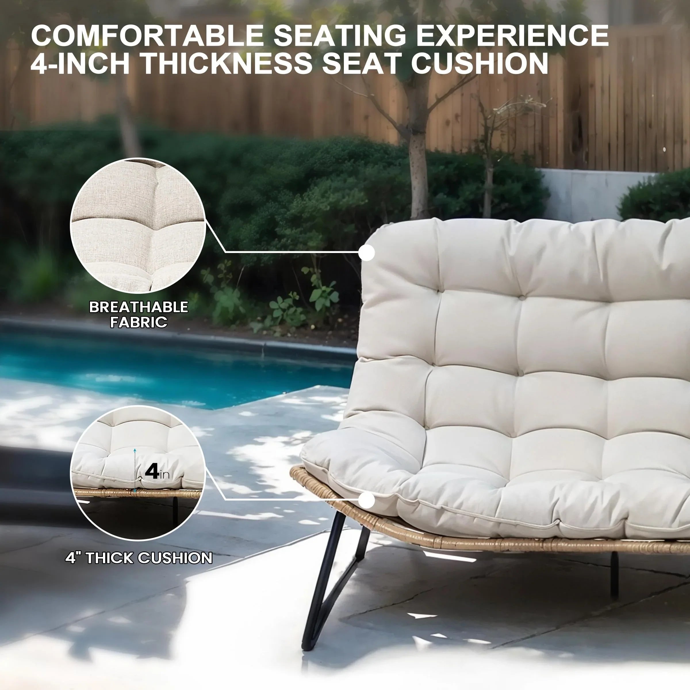 Sofá biplaza doble Papasan con cojín, ratán PE para todo tipo de clima y estructura metálica para interior/exterior