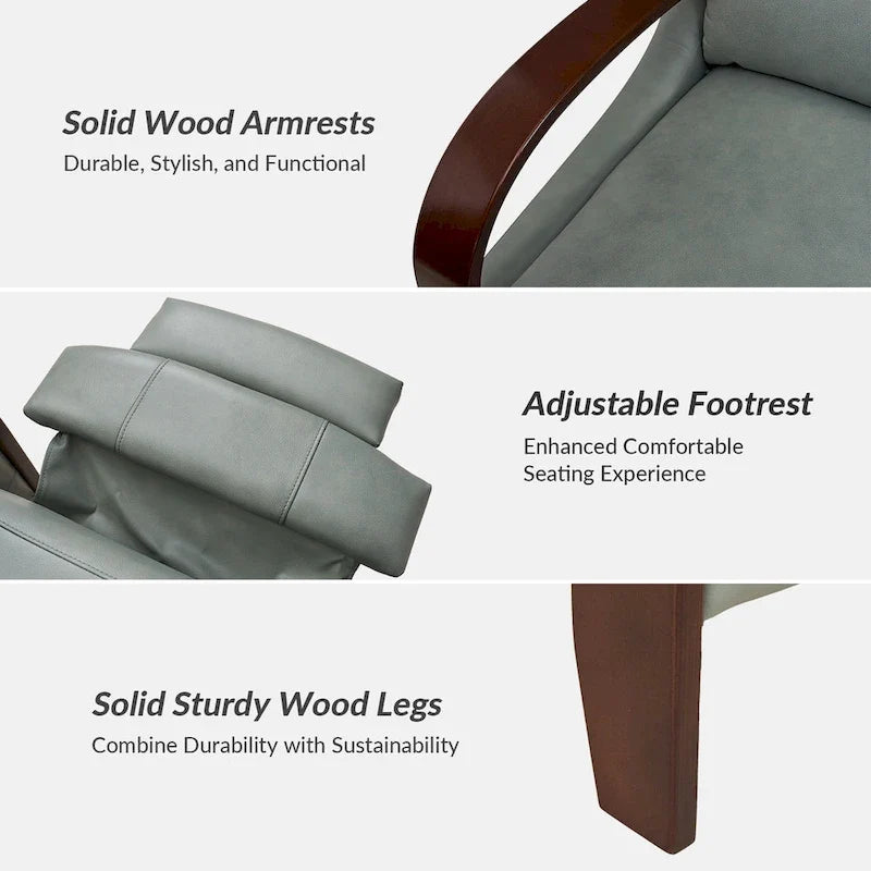 Sofá reclinable manual Alex Mid-century Modern Cigar de cuero genuino con brazos curvos de madera