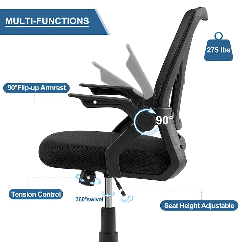 Silla de oficina Javlergo con respaldo medio giratorio y soporte lumbar, silla ergonómica de malla para ordenador con reposabrazos
