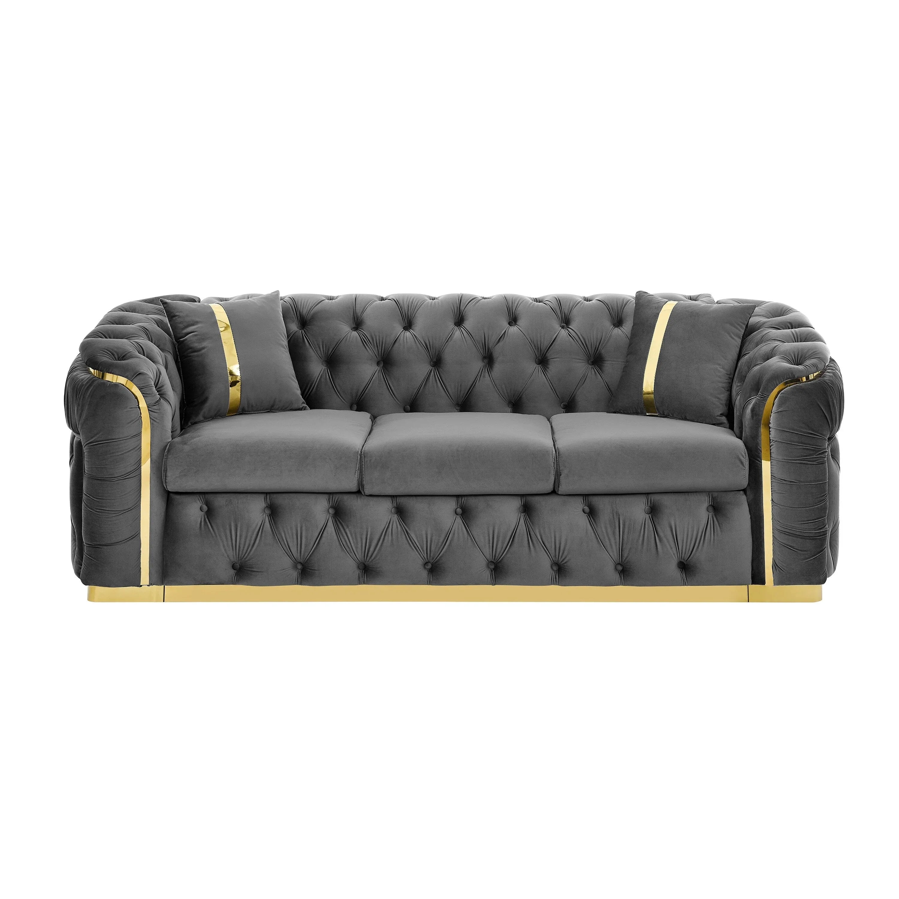 Sofá de 3 plazas Velvet de 90.6 con 2 cojines, cojines de alta densidad, detalles dorados y almohadas