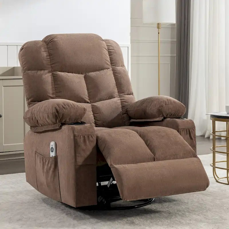Reclinable extragrande gris con calor y masaje, reclinación de 150°, balanceo de 30°, carga USB y 2 portavasos