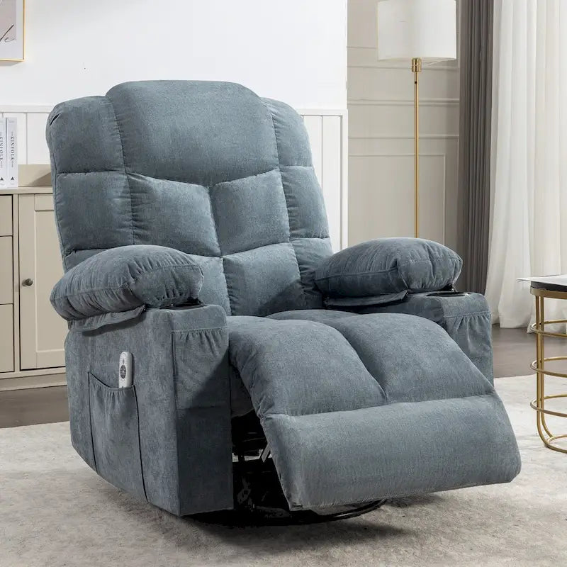 Reclinable extragrande gris con calor y masaje, reclinación de 150°, balanceo de 30°, carga USB y 2 portavasos