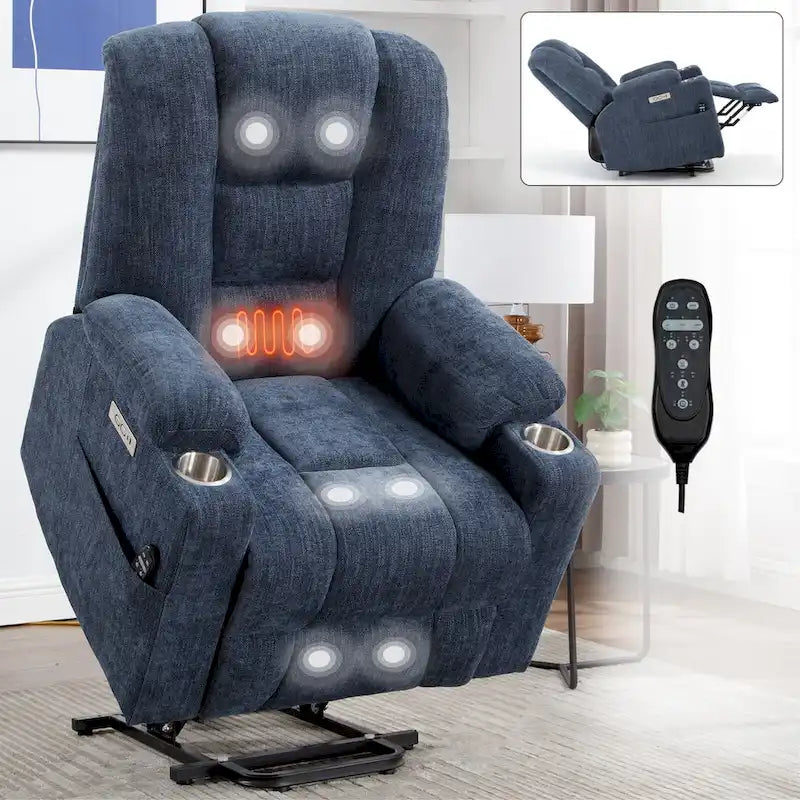 Sillón reclinable Power Lift con masaje y calor, reclinables anchos Lazy Boy extragrandes con USB, puertos tipo C y 2 portavasos de acero
