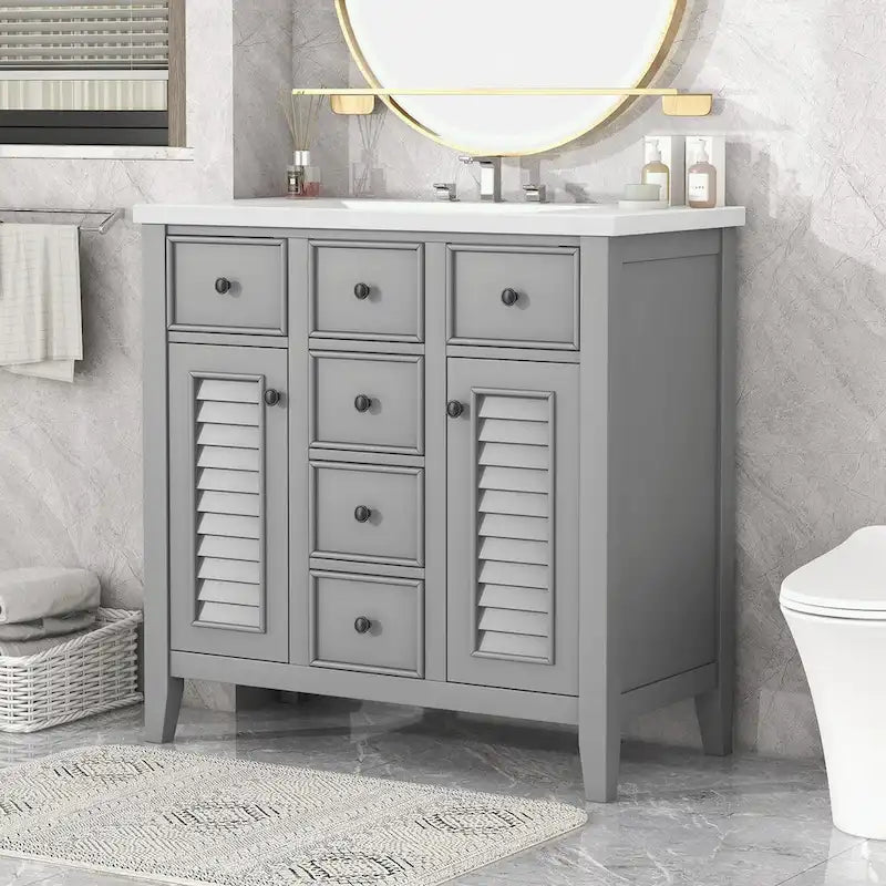 Mueble de baño con lavabo cerámico, dos armarios y cinco cajones