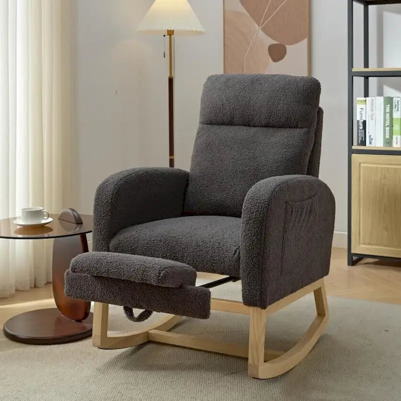 Moderna mecedora tapizada de respaldo alto de 29.5" con patas de madera maciza y reposapiés ajustable