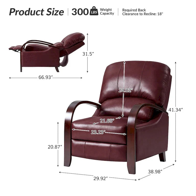 Sofá reclinable manual Alex Mid-century Modern Cigar de cuero genuino con brazos curvos de madera