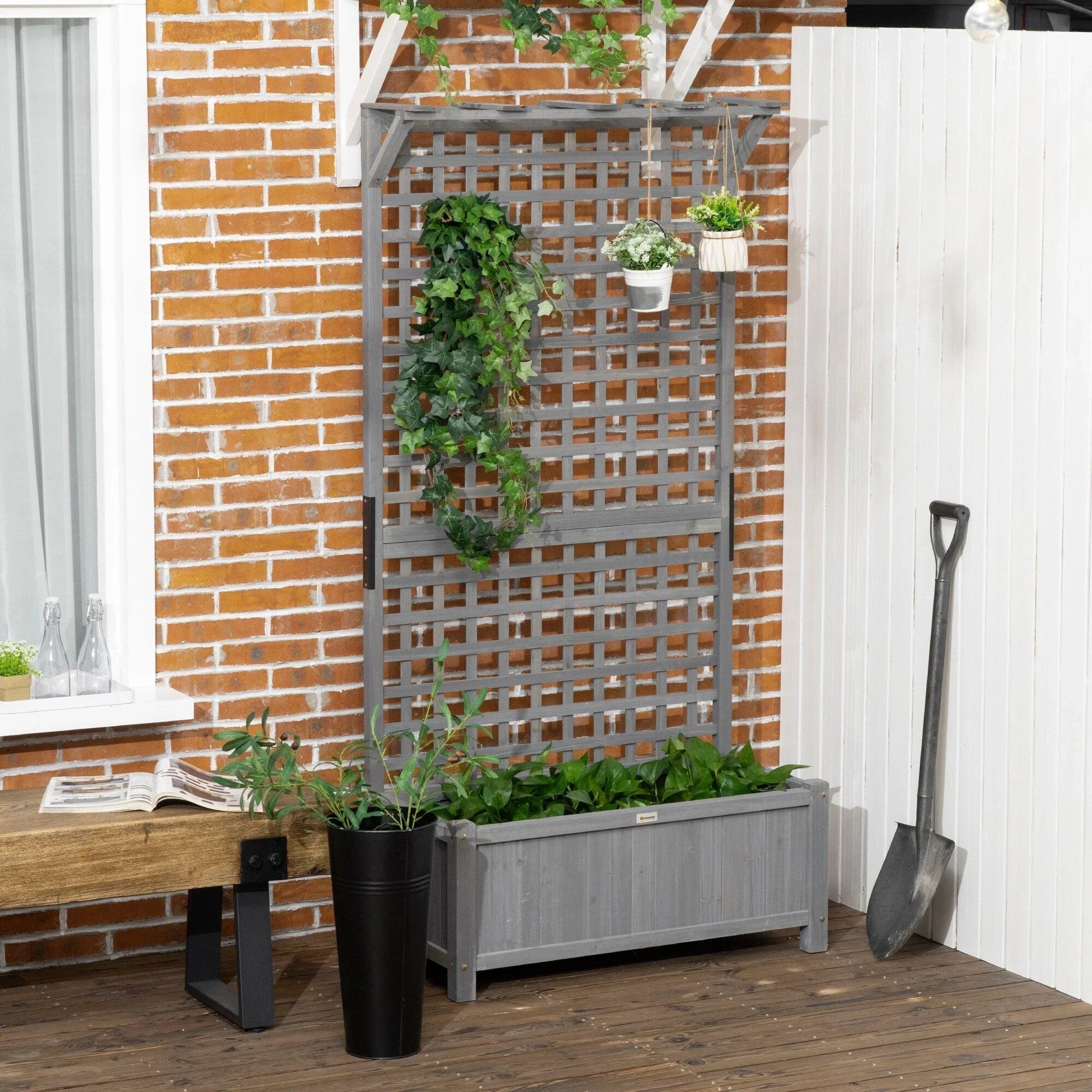 Macetero de madera con celosía, cama de jardín elevada para plantas trepadoras con orificios de drenaje y techo