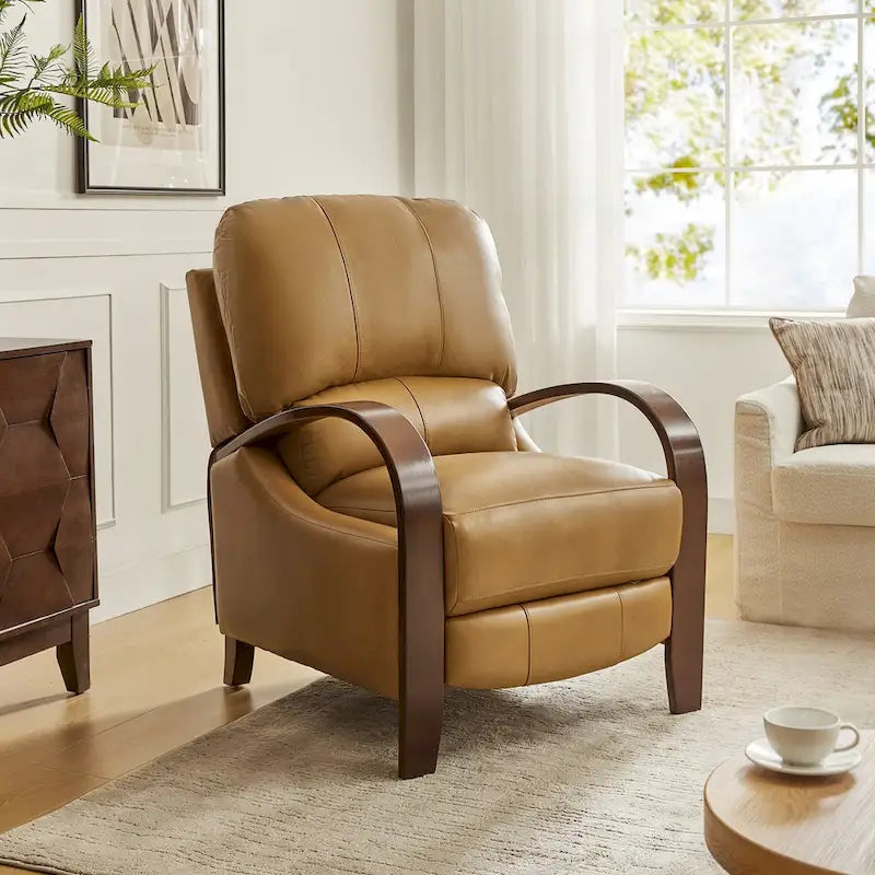 Sofá reclinable manual Alex Mid-century Modern Cigar de cuero genuino con brazos curvos de madera