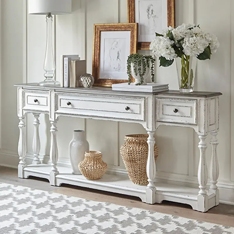 Mesa Consola para Recibidor de 72 Pulgadas en Blanco Antiguo y Madera Desgastada