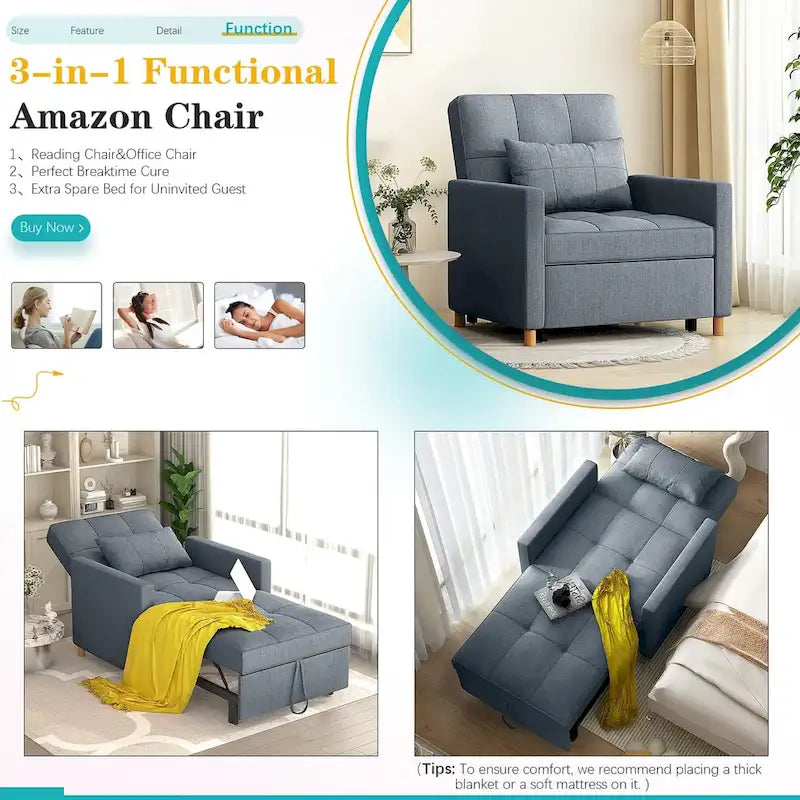 Sofá cama individual 3 en 1 AECOJOY con almohada y respaldo convertible