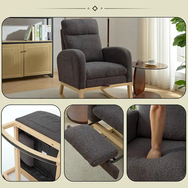 Moderna mecedora tapizada de respaldo alto de 29.5" con patas de madera maciza y reposapiés ajustable