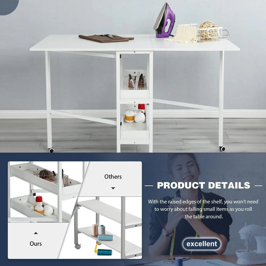 Mesa de manualidades ajustable en altura con estantes de almacenamiento, mesa de corte plegable móvil para oficina en casa, sala de costura, sala de manualidades