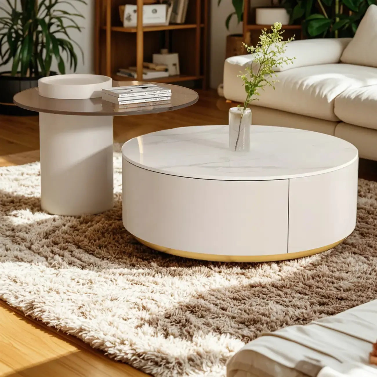 Mesa de centro redonda moderna blanca de madera con cajones tipo tambor