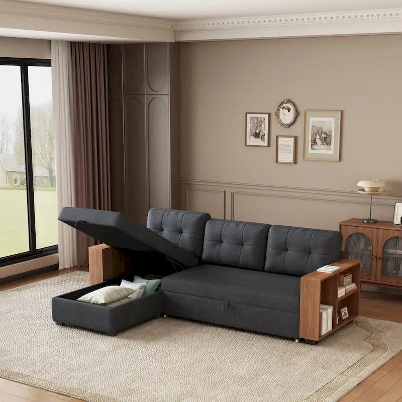 Sofá seccional convertible con cama extraíble y chaise longue con almacenaje oculto