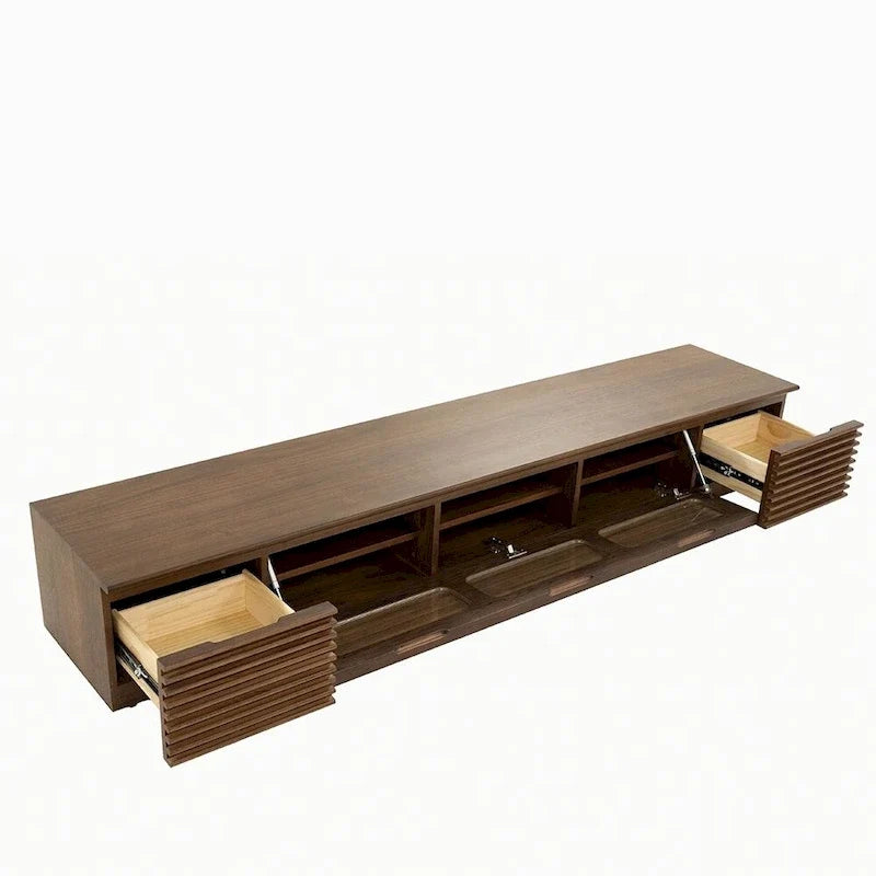 Mueble de TV Minimalista con CajonesMueble de TV de Madera Maciza con Armarios, Puerta Abatible, Chapa de Nogal, Completamente Ensamblado