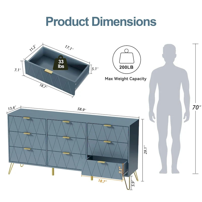 Gabinete Organizador de Dormitorio con Cajones - Cómoda de Almacenamiento de 9 Cajones