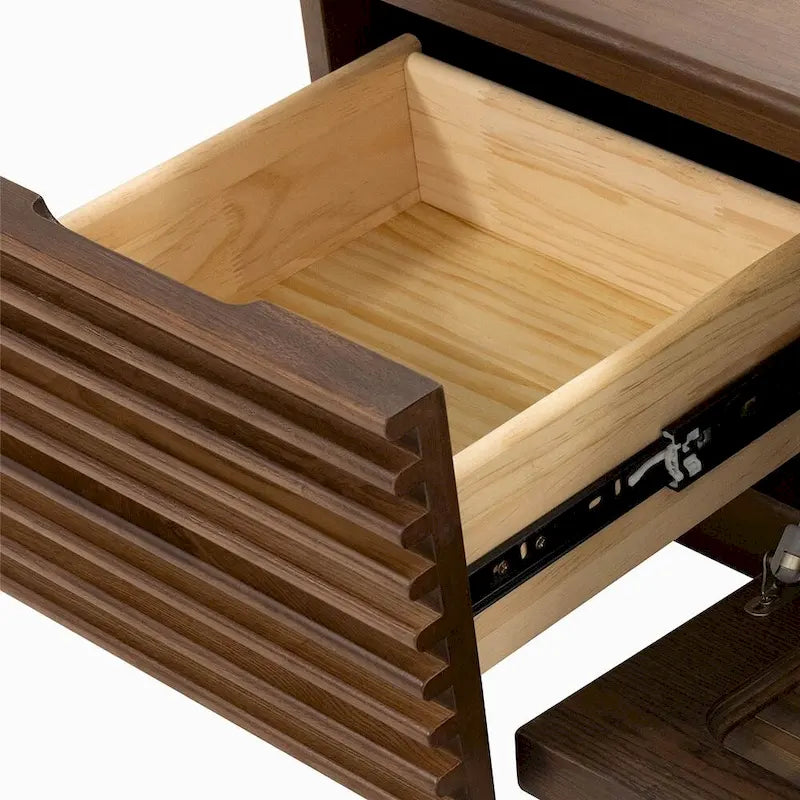 Mueble de TV Minimalista con CajonesMueble de TV de Madera Maciza con Armarios, Puerta Abatible, Chapa de Nogal, Completamente Ensamblado