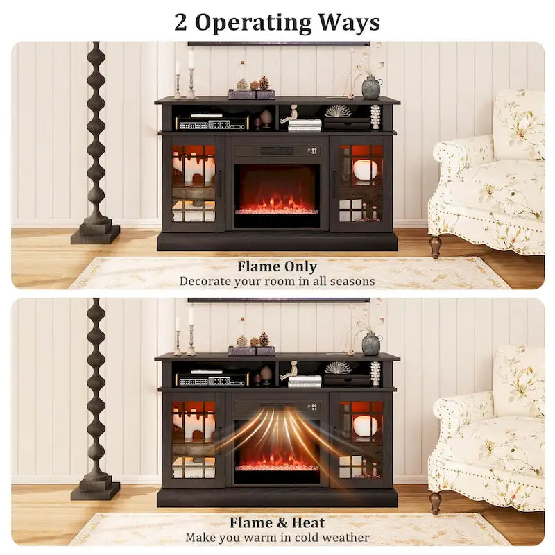Mueble para TV con chimenea eléctrica, luces LED y mandos a distancia
